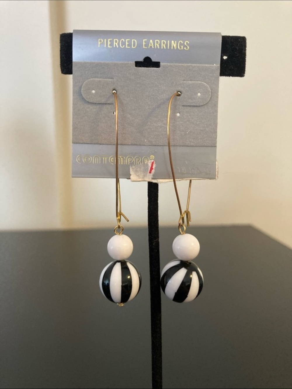 Gold-Tone Black & White Striped Bead Drop Earrings
